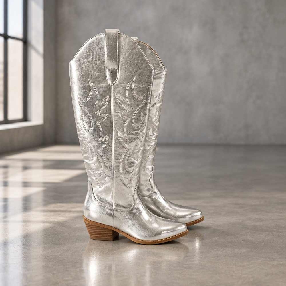 NWOB Oeupiano Knee High Cowboy Rodeo Party Silver Boots Size 11